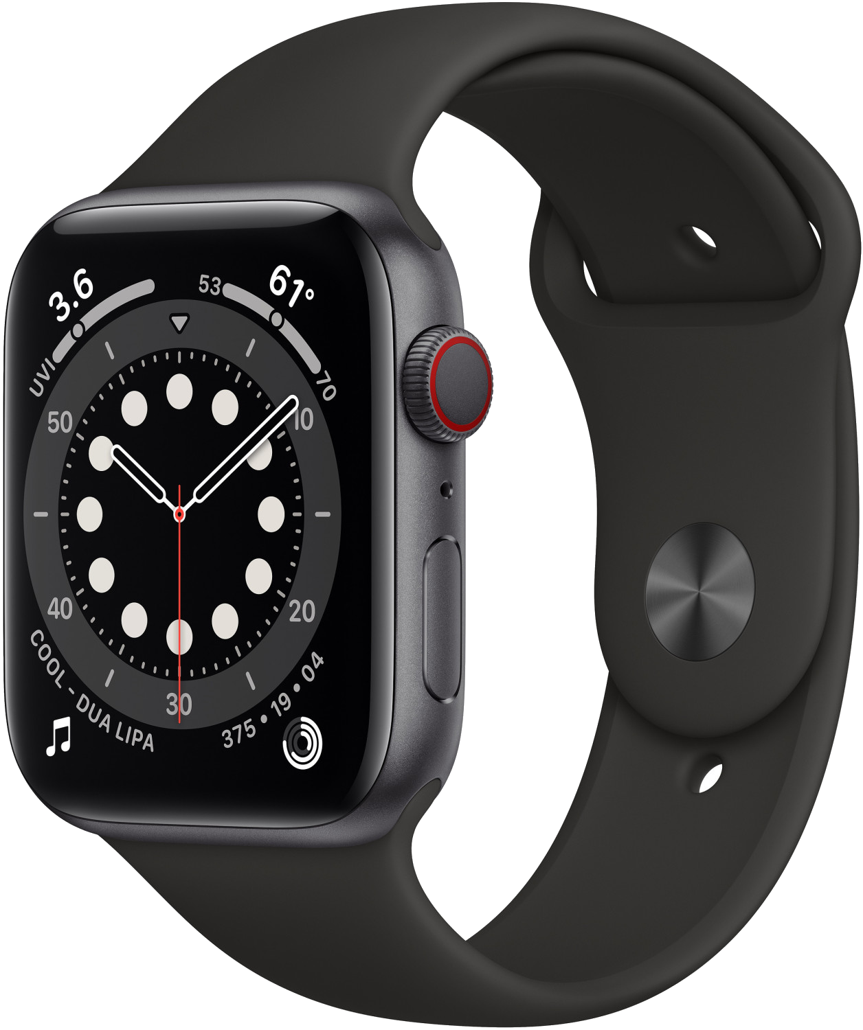 Apple Watch 6 LTE Space Grau Aluminium 44mm Sportarmband Schwarz MG2E3 - Ohne Vertrag