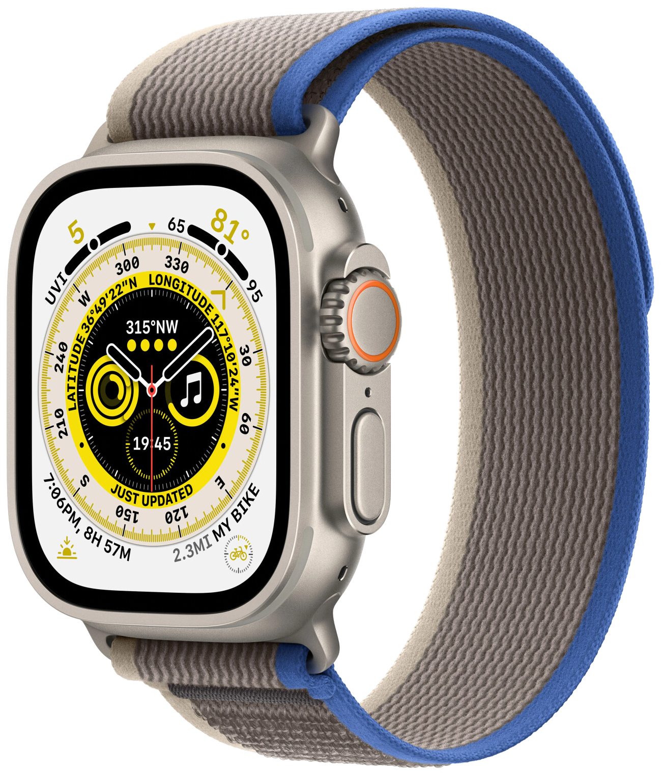 Apple Watch Ultra LTE silber Titan 49mm Trail Loop Blau/Grau M/L MQFV3 - Ohne Vertrag