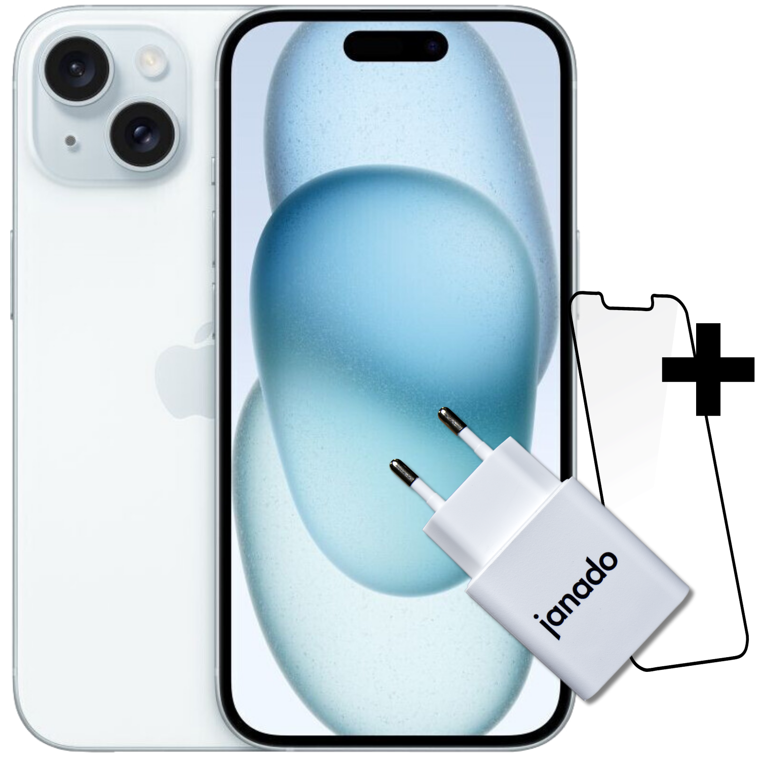 iPhone 15 + Vorinstallierter Displayschutz + 20W USB-C Power Adapter
