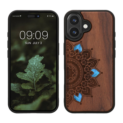 Holz Hardcase mit TPU Bumper für Apple iPhone 16 Aufgehende Sonne Perlmutt Design