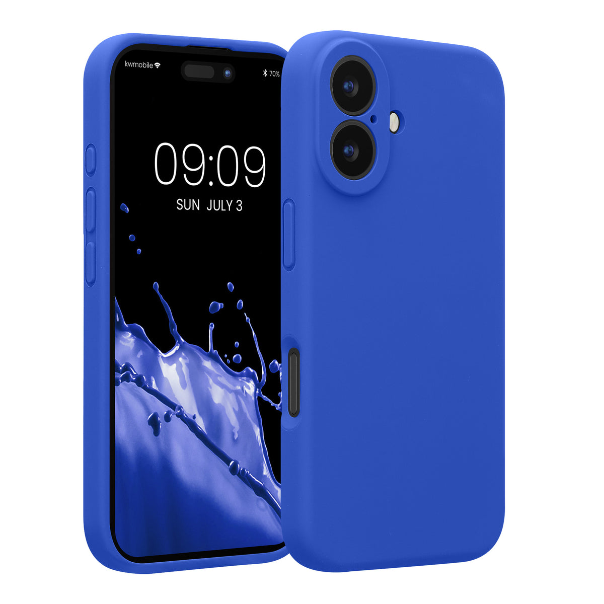Gummierte Silikon Hülle mit Kameraschutz für Apple iPhone 16 in Baltik Blau