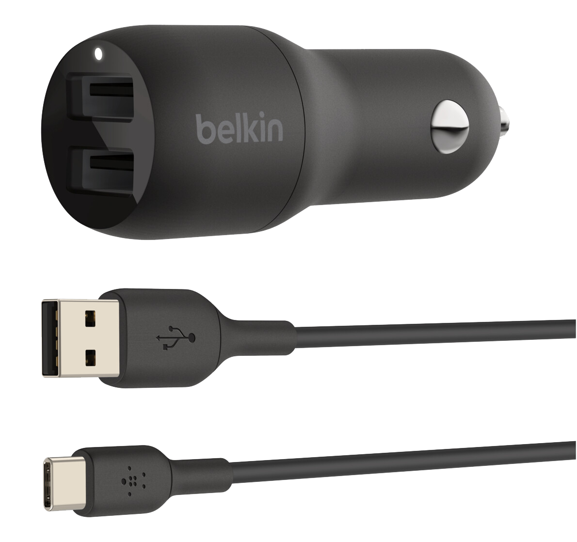 Belkin CHARGE USB-A-Kfz-Ladegerät mit zwei Anschlüssen (24 W) + USB-A/USB-C Kabel schwarz - Onhe Vertrag