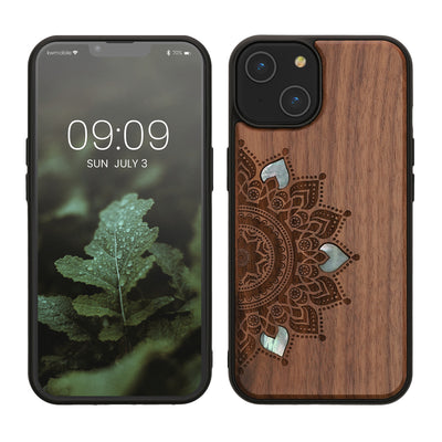 Holz Hardcase mit TPU Bumper für Apple iPhone 14 Aufgehende Sonne Perlmutt