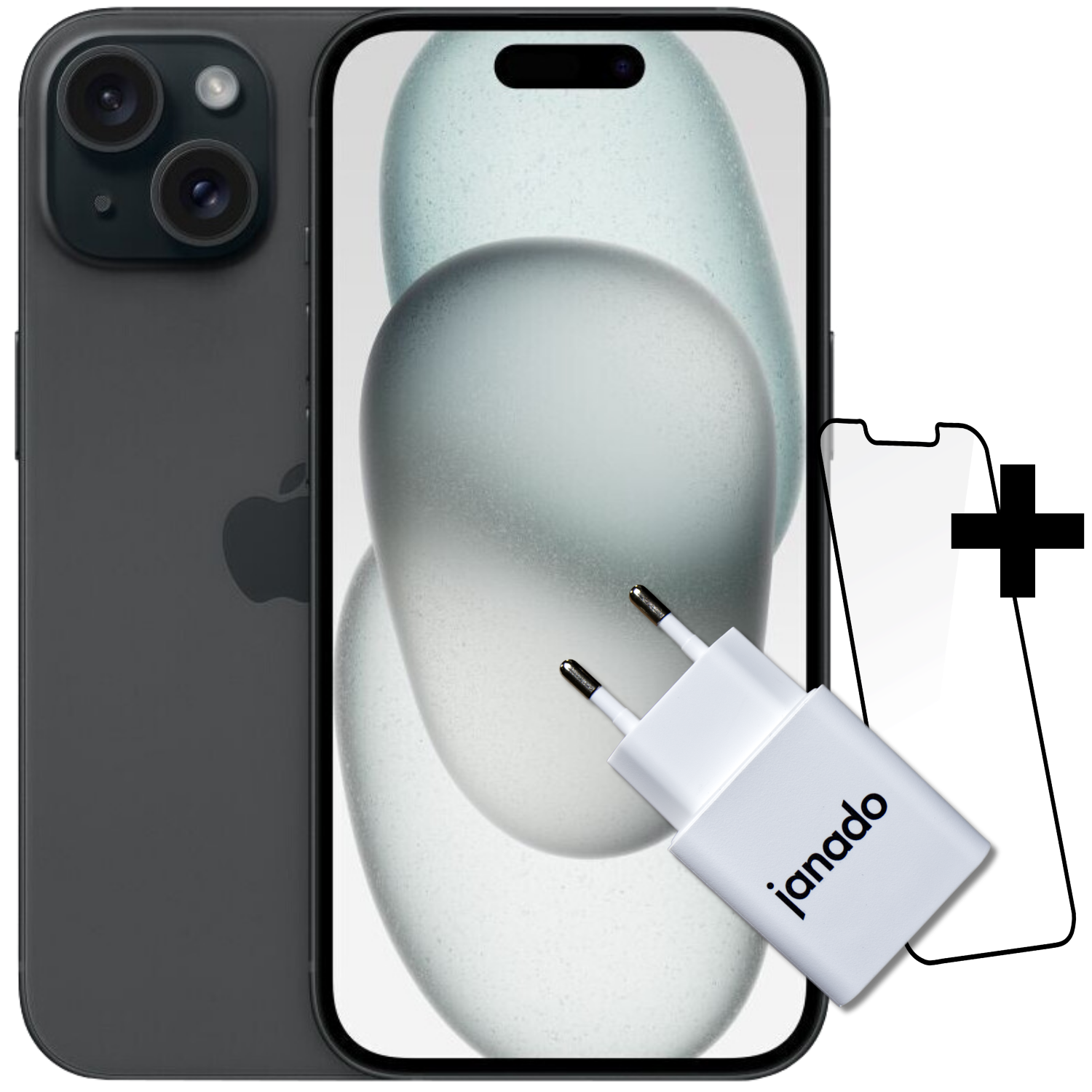 iPhone 15 + Vorinstallierter Displayschutz + 20W USB-C Power Adapter