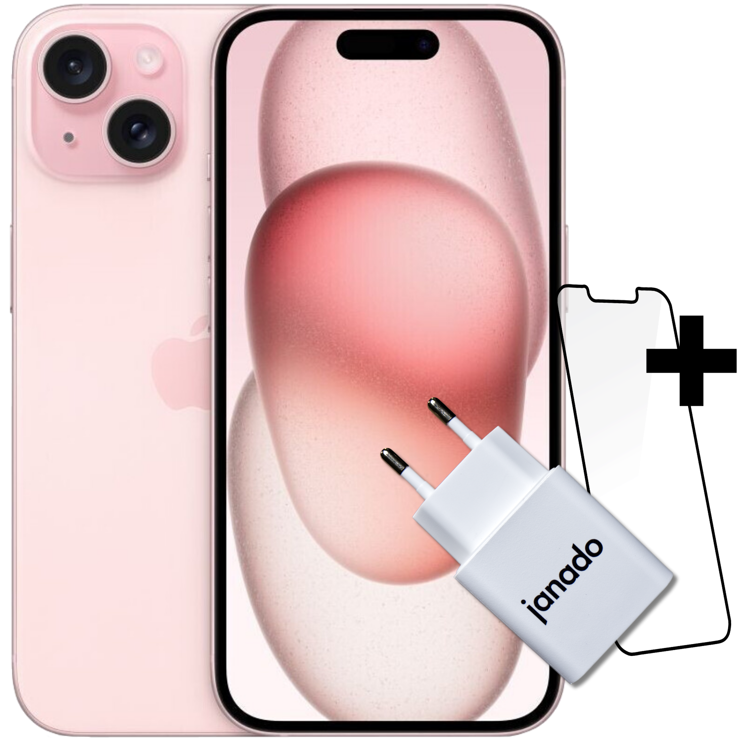 iPhone 15 + Vorinstallierter Displayschutz + 20W USB-C Power Adapter