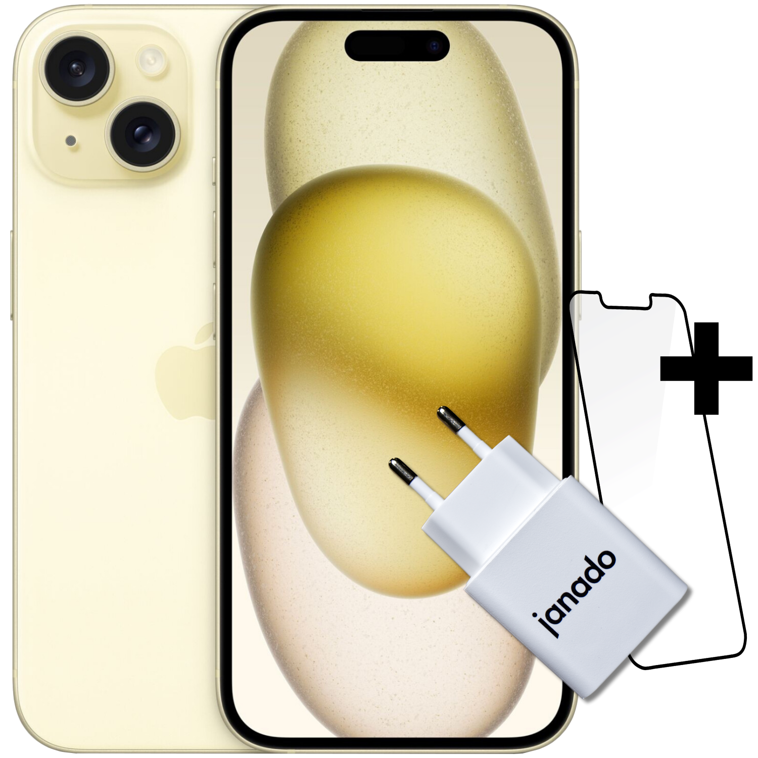 iPhone 15 + Vorinstallierter Displayschutz + 20W USB-C Power Adapter