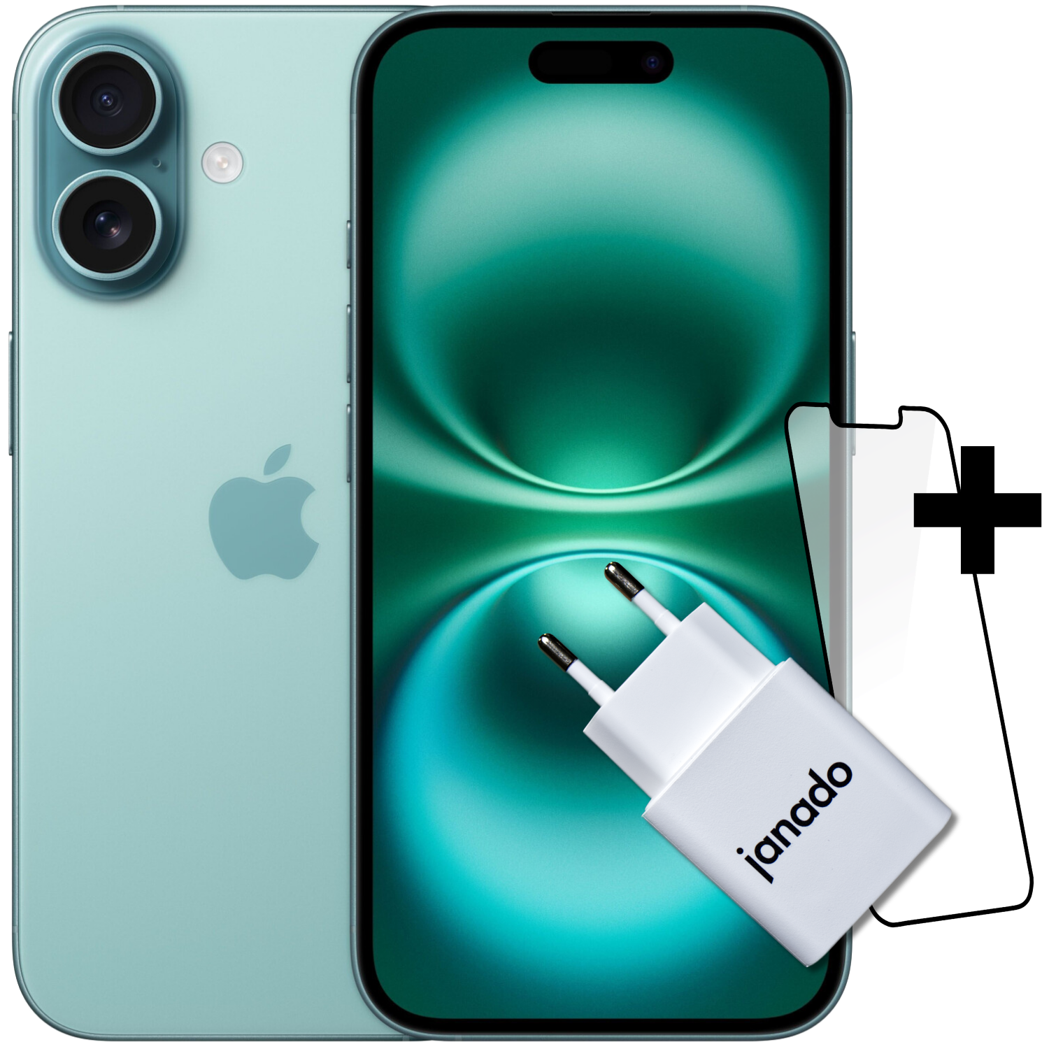 iPhone 16 + Vorinstallierter Displayschutz + 20W USB-C Power Adapter