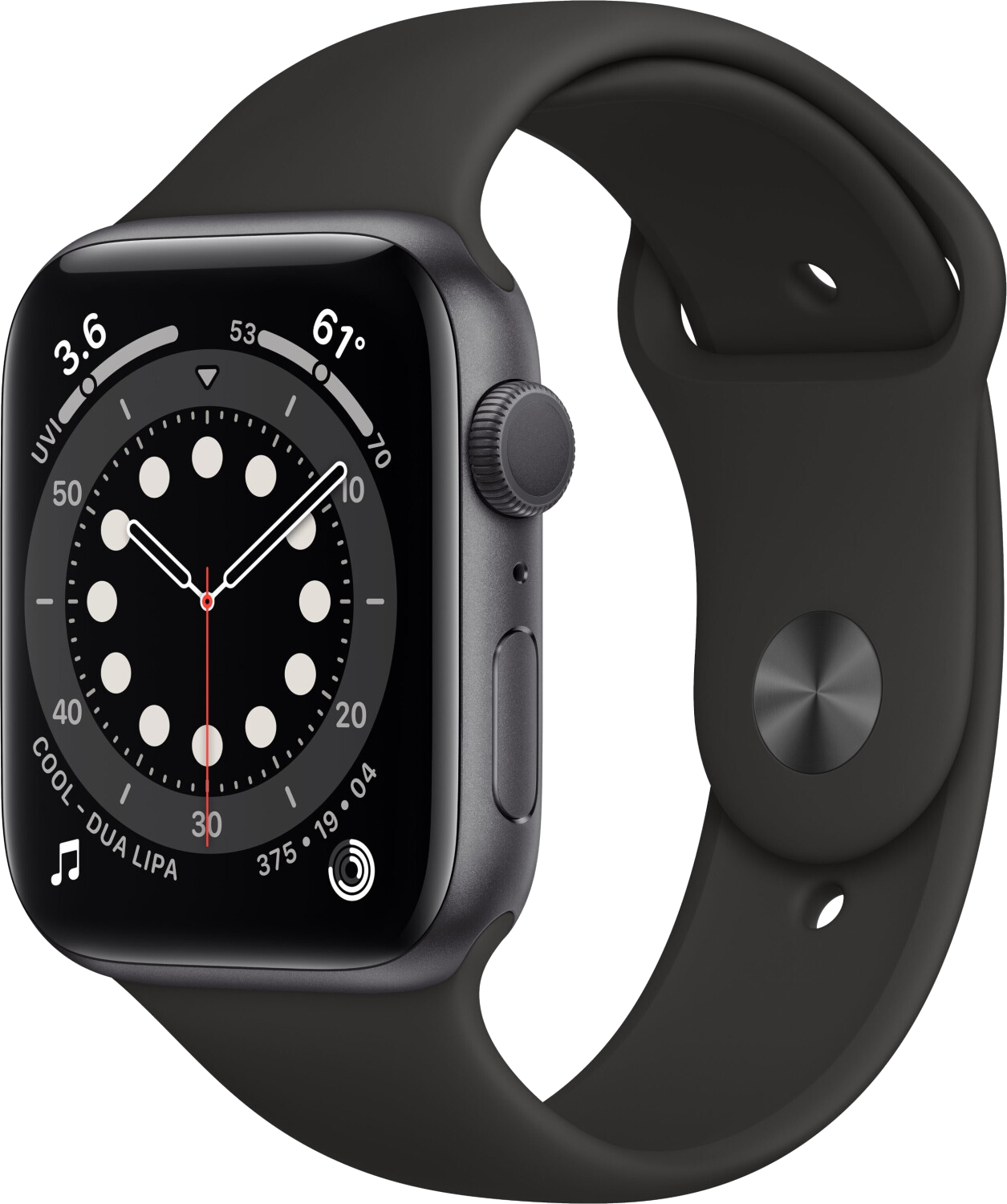 Apple Watch 6 Space Grau Aluminium 44mm Sportarmband Schwarz M00H3 - Ohne Vertrag