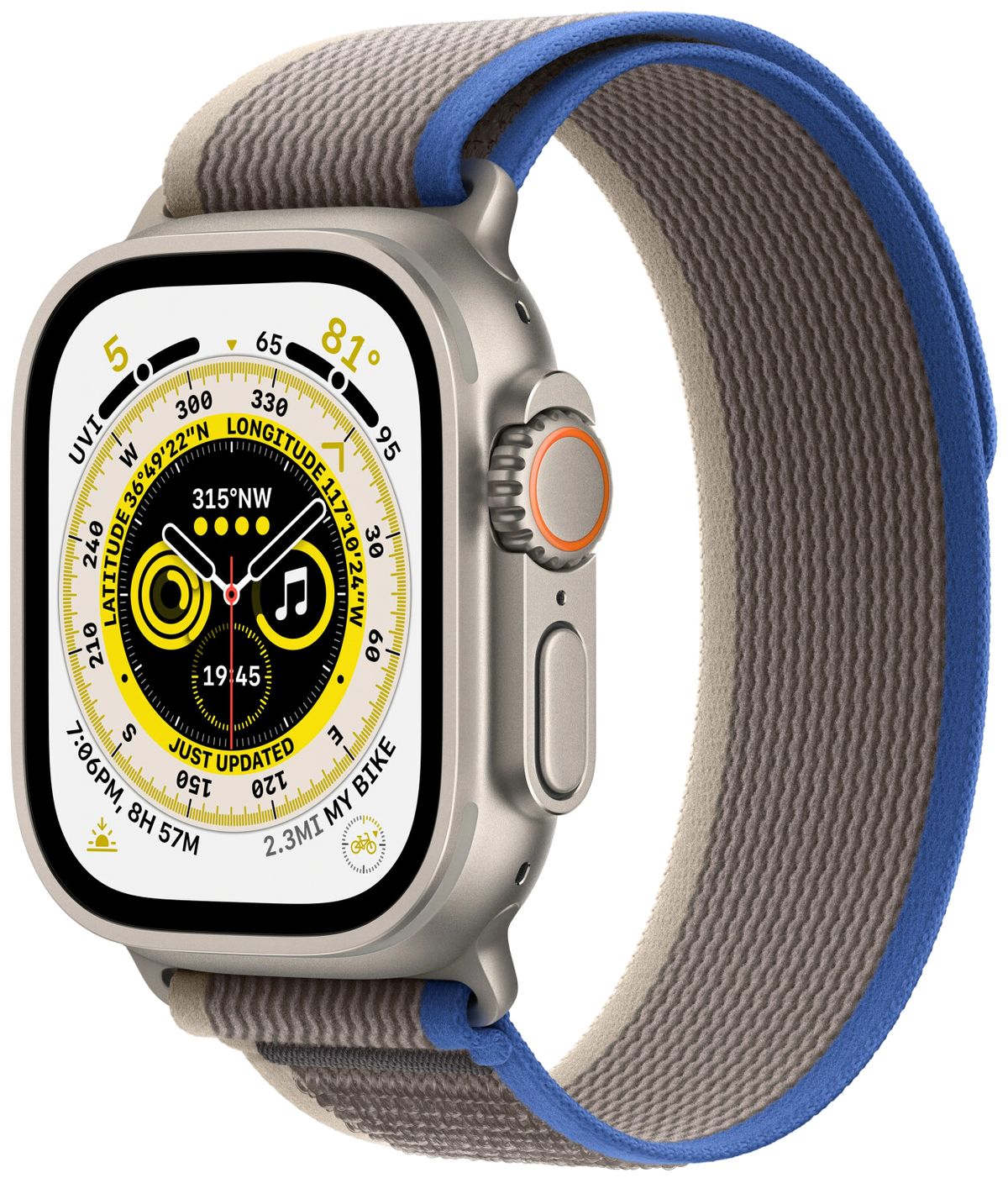 Apple Watch Ultra LTE silber Titan 49mm Trail Loop Blau/Grau M/L MQFV3 - Ohne Vertrag