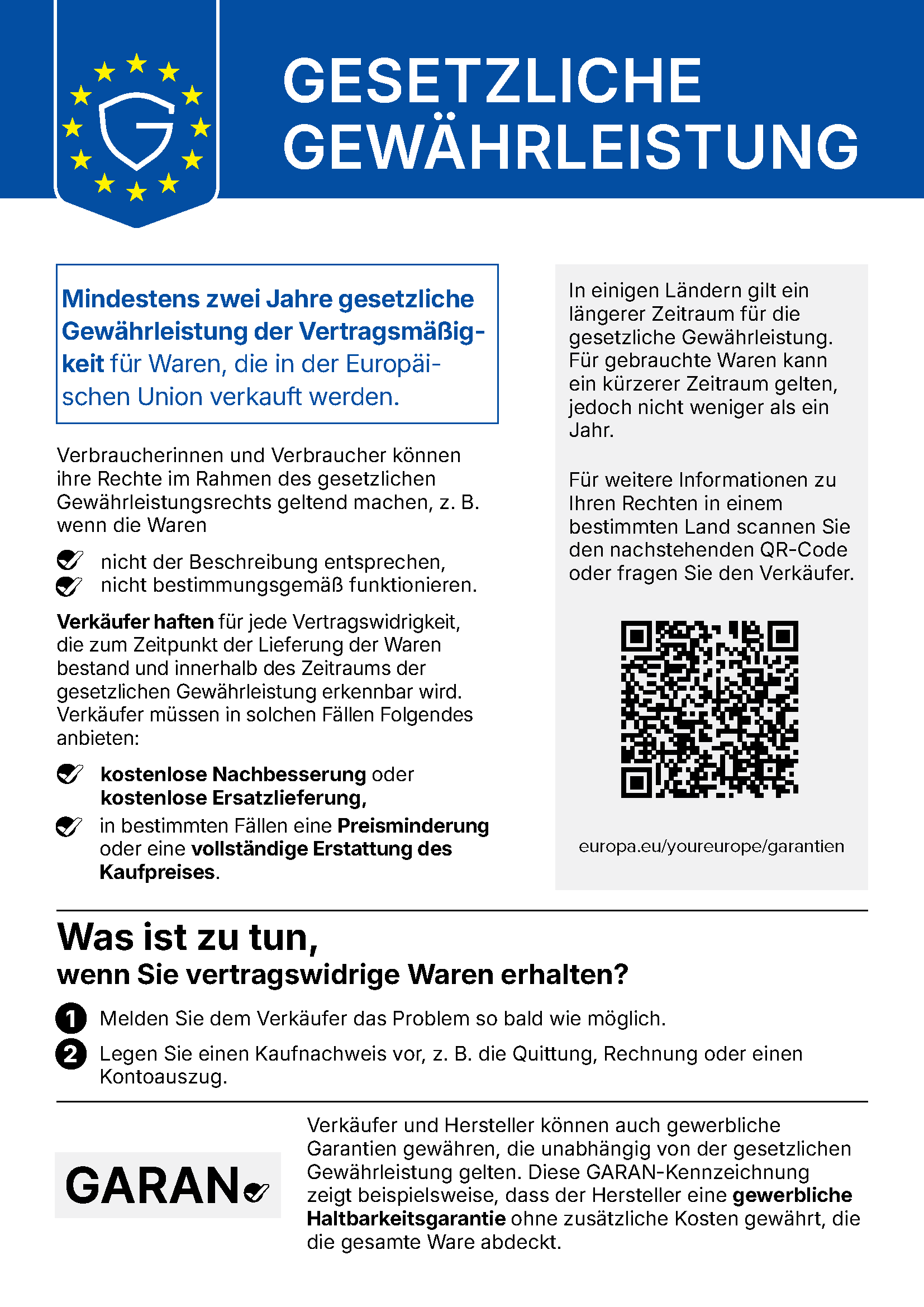 EU-Hinweis zur gesetzlichen Gewährleistung: mindestens zwei Jahre für in der EU verkaufte Waren, bei gebrauchten Waren mindestens ein Jahr.