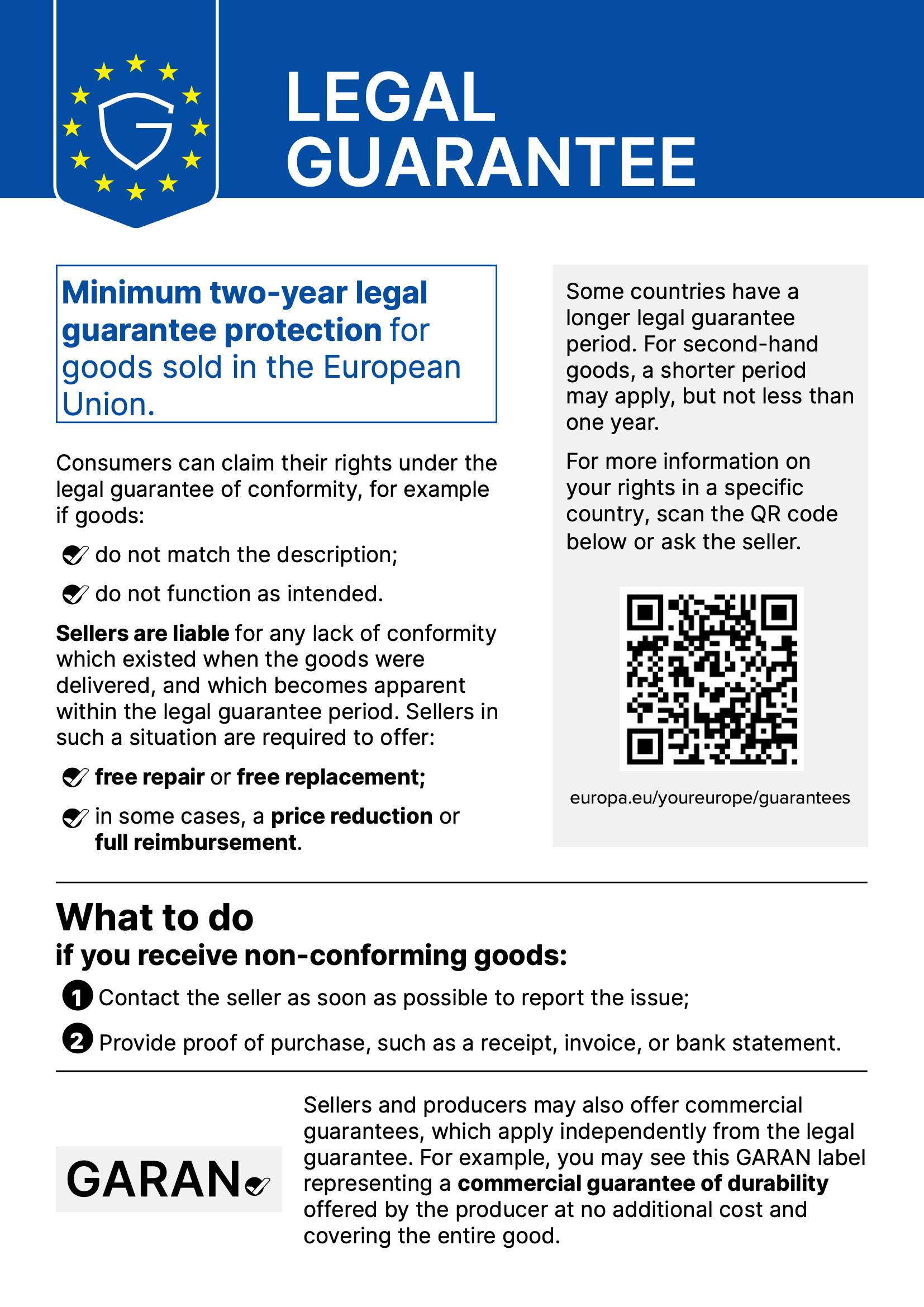 EU notice on the legal guarantee: minimum two years for goods sold in the EU, at least one year for second-hand goods.
